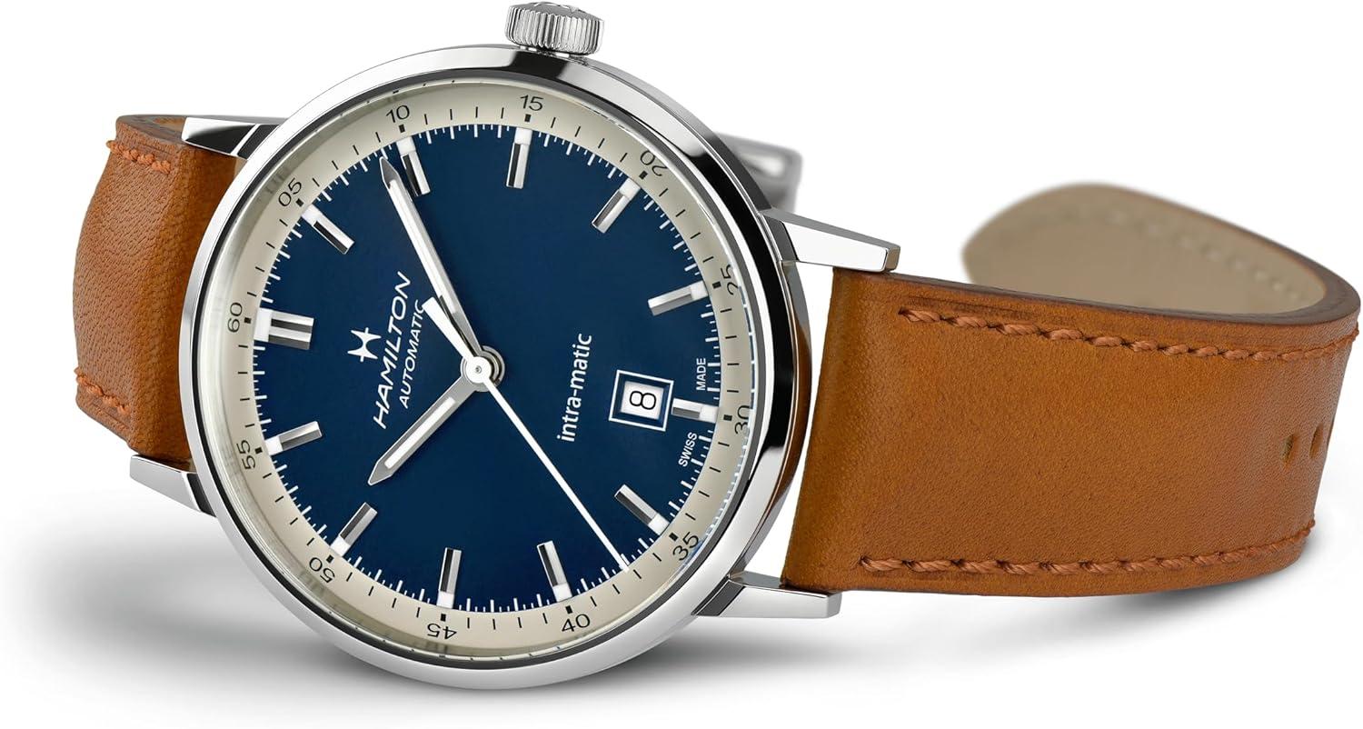 imageHamilton American Classic Automatic Mens Watch 40mm Stainless Steel Case Swiss Made Blue Dial Analog Wrist Watch for Men 50m Waterproof Sapphire Crystal 3Hand Movement Cow Leather Strap