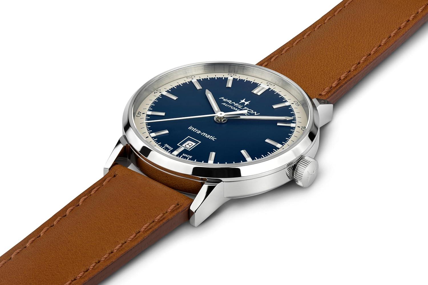 imageHamilton American Classic Automatic Mens Watch 40mm Stainless Steel Case Swiss Made Blue Dial Analog Wrist Watch for Men 50m Waterproof Sapphire Crystal 3Hand Movement Cow Leather Strap