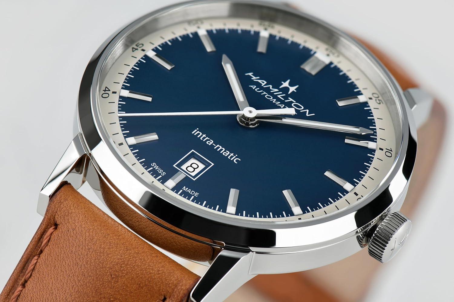 imageHamilton American Classic Automatic Mens Watch 40mm Stainless Steel Case Swiss Made Blue Dial Analog Wrist Watch for Men 50m Waterproof Sapphire Crystal 3Hand Movement Cow Leather Strap