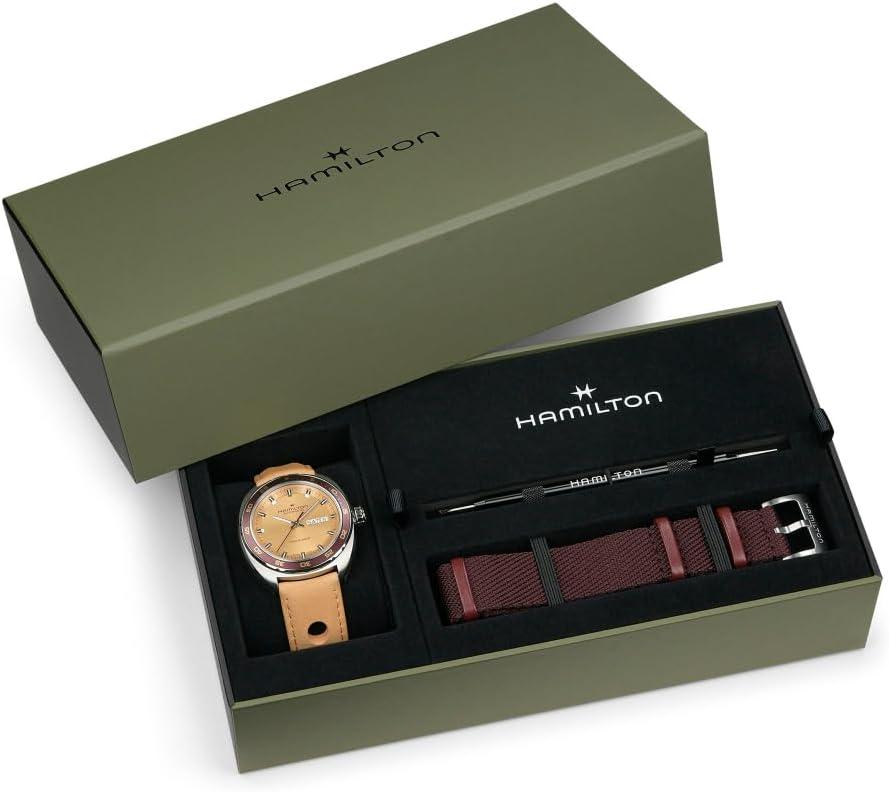 imageHamilton American Classic Automatic Mens Watch 42mm Stainless Steel Case Swiss Made Beige Dial Analog Wrist Watch for Men 50m Waterproof Sapphire Crystal 3Hand Movement Cow Leather Strap