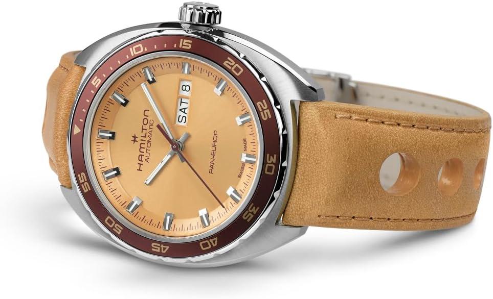 imageHamilton American Classic Automatic Mens Watch 42mm Stainless Steel Case Swiss Made Beige Dial Analog Wrist Watch for Men 50m Waterproof Sapphire Crystal 3Hand Movement Cow Leather Strap