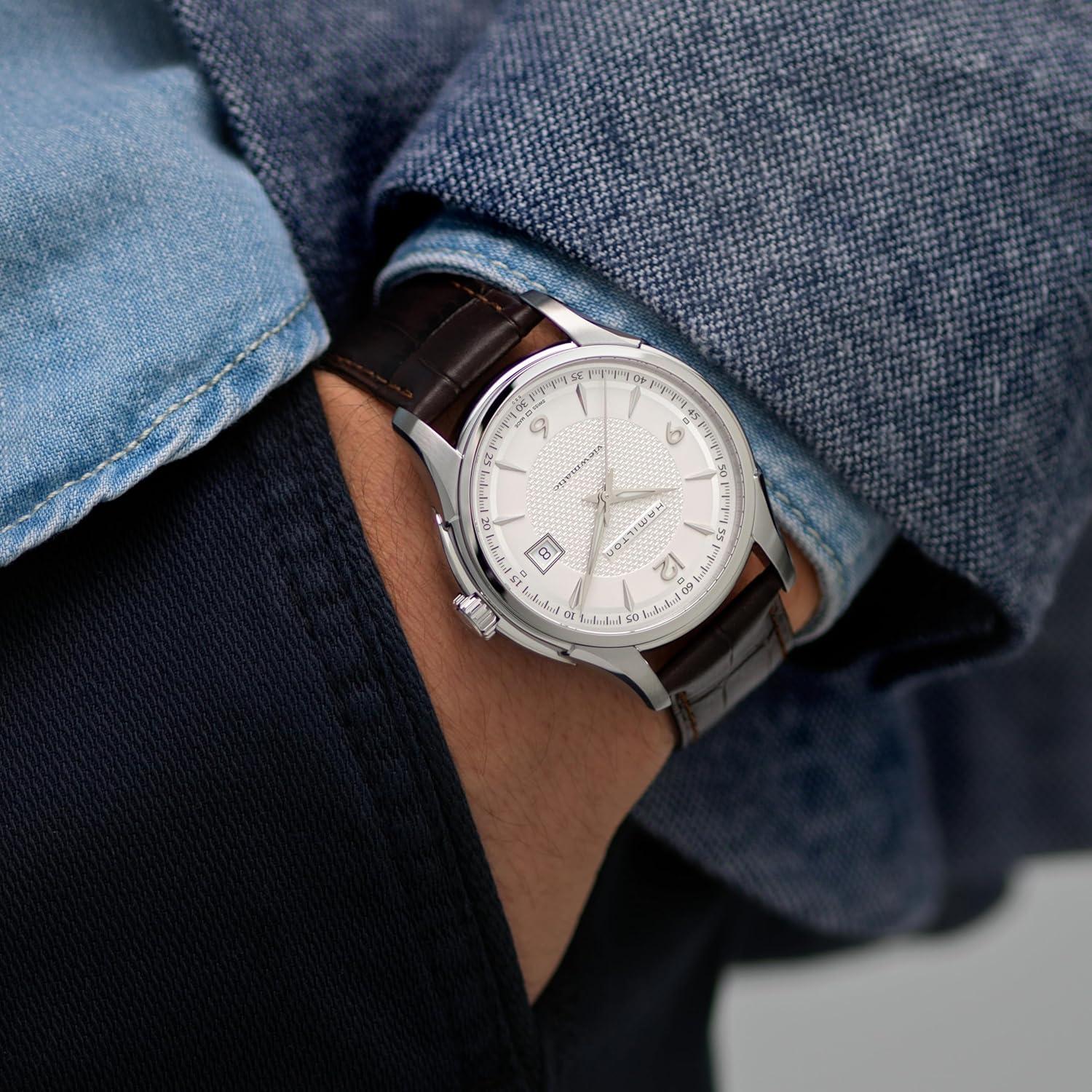 imageHamilton Jazzmaster Automatic Mens Watch 40mm Stainless Steel Case Swiss Made Silver Dial Analog Wrist Watch for Men 50m Waterproof Sapphire Crystal 3Hand Movement Calf Leather Strap