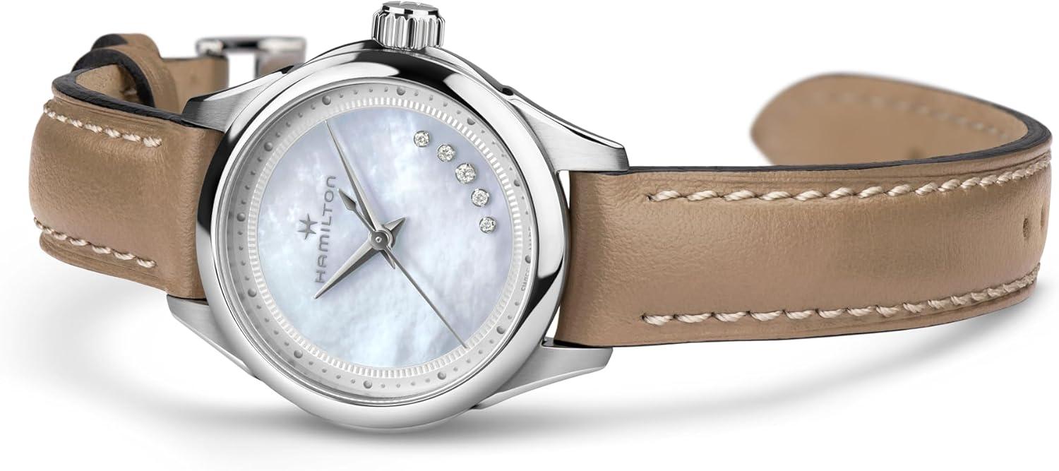 imageHamilton Jazzmaster Lady Quartz Womens Watch 26mm Stainless Steel Case Swiss Made Mother of Pearl Dial Analog Wrist Watch for Women 50m Waterproof Sapphire Crystal Cow Leather Strap
