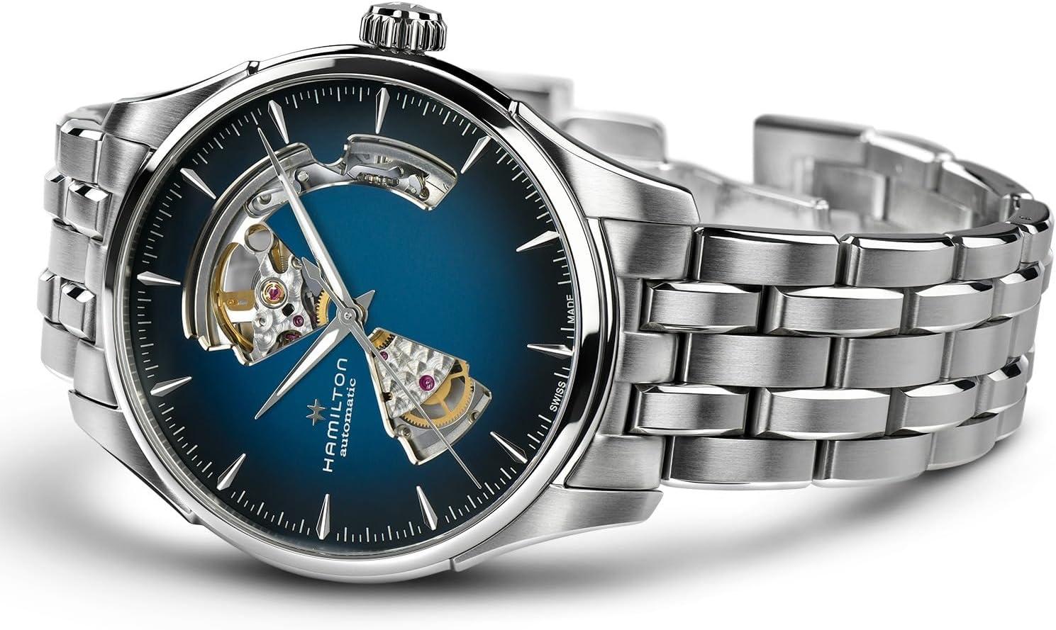 imageHamilton Jazzmaster Open Heart Automatic Mens Watch 40mm Stainless Steel Case Swiss Made Blue Dial Analog Wrist Watch 50m Waterproof Sapphire Crystal 3Hand Movement Stainless Steel Strap