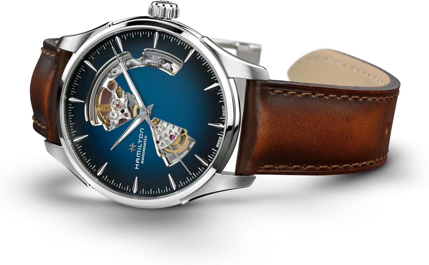 imageHamilton Jazzmaster Open Heart Automatic Mens Watch 40mm Stainless Steel Case Swiss Made Blue Dial Analog Wrist Watch 50m Waterproof Sapphire Crystal 3Hand Movement Cow Leather Strap
