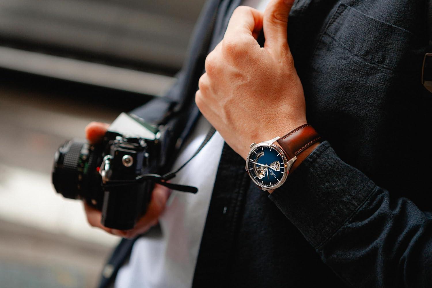 imageHamilton Jazzmaster Open Heart Automatic Mens Watch 40mm Stainless Steel Case Swiss Made Blue Dial Analog Wrist Watch 50m Waterproof Sapphire Crystal 3Hand Movement Cow Leather Strap