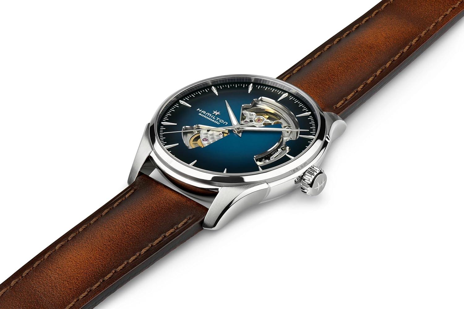 imageHamilton Jazzmaster Open Heart Automatic Mens Watch 40mm Stainless Steel Case Swiss Made Blue Dial Analog Wrist Watch 50m Waterproof Sapphire Crystal 3Hand Movement Cow Leather Strap