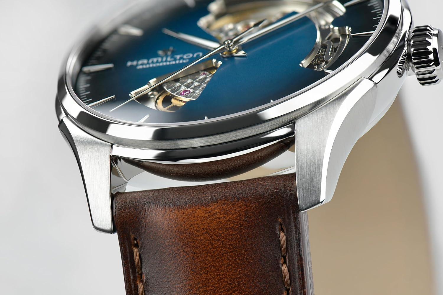 imageHamilton Jazzmaster Open Heart Automatic Mens Watch 40mm Stainless Steel Case Swiss Made Blue Dial Analog Wrist Watch 50m Waterproof Sapphire Crystal 3Hand Movement Cow Leather Strap