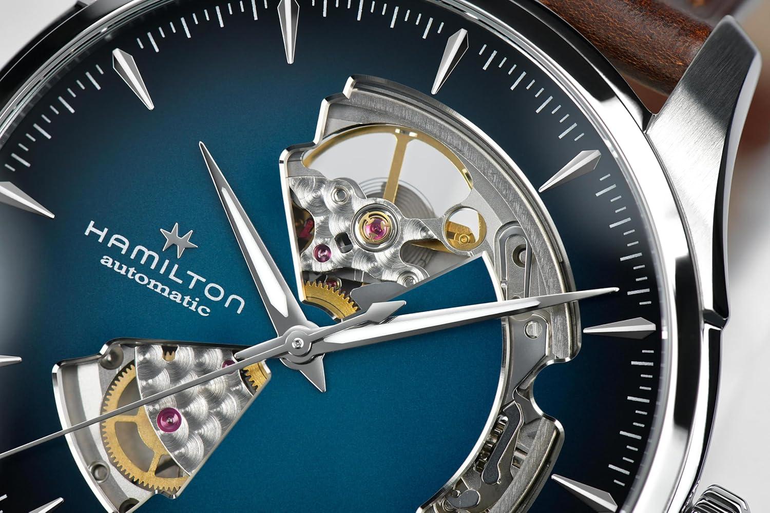 imageHamilton Jazzmaster Open Heart Automatic Mens Watch 40mm Stainless Steel Case Swiss Made Blue Dial Analog Wrist Watch 50m Waterproof Sapphire Crystal 3Hand Movement Cow Leather Strap