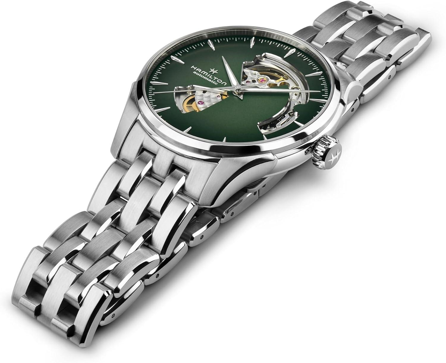imageHamilton Jazzmaster Open Heart Automatic Mens Watch 40mm Stainless Steel Case Swiss Made Green Dial Analog Wrist Watch 50m Waterproof Sapphire Crystal 3Hand Movement Stainless Steel Strap