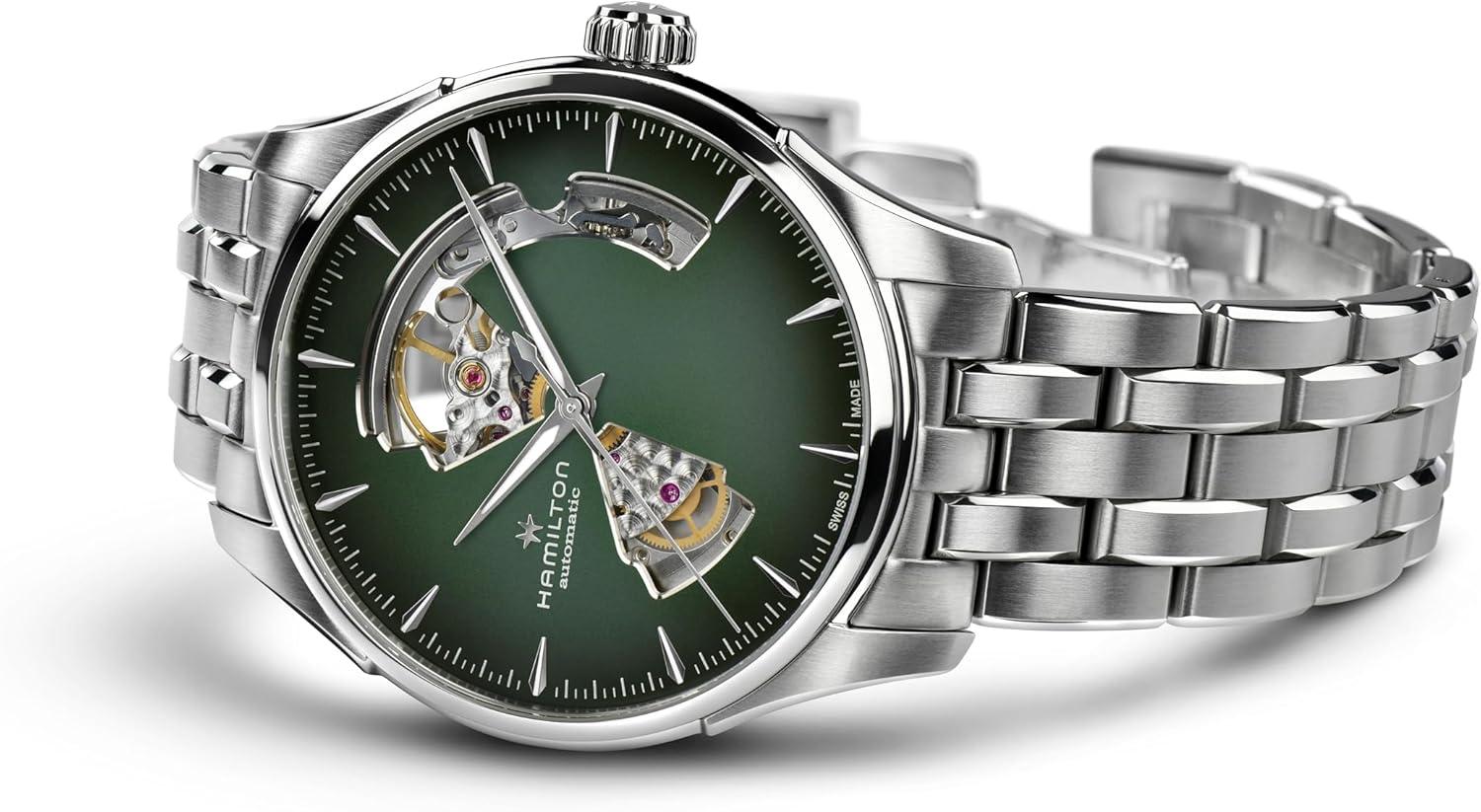 imageHamilton Jazzmaster Open Heart Automatic Mens Watch 40mm Stainless Steel Case Swiss Made Green Dial Analog Wrist Watch 50m Waterproof Sapphire Crystal 3Hand Movement Stainless Steel Strap