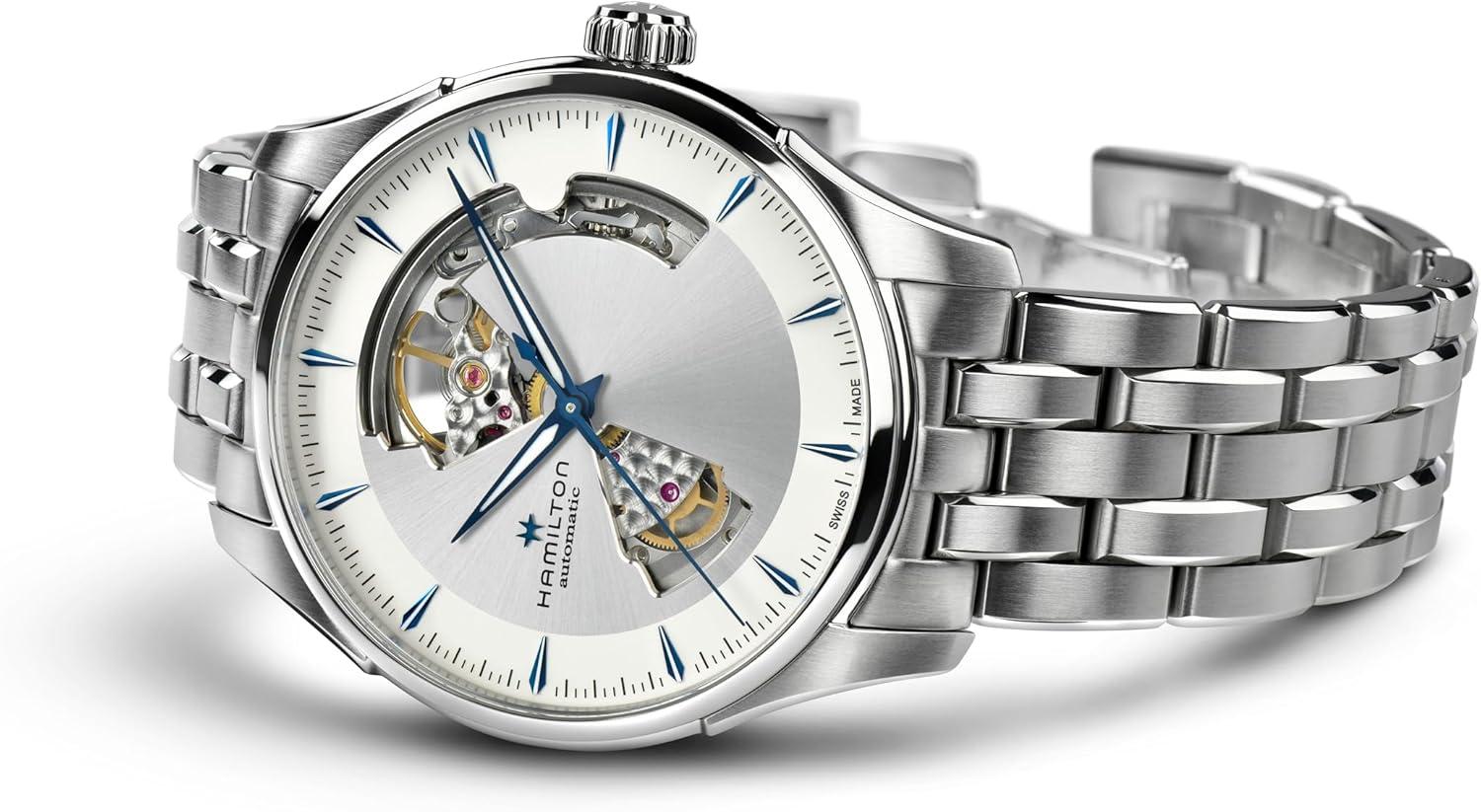 imageHamilton Jazzmaster Open Heart Automatic Mens Watch 40mm Stainless Steel Case Swiss Made Silver Dial Analog Wrist Watch 50m Waterproof Sapphire Crystal 3Hand Movement Stainless Steel Strap