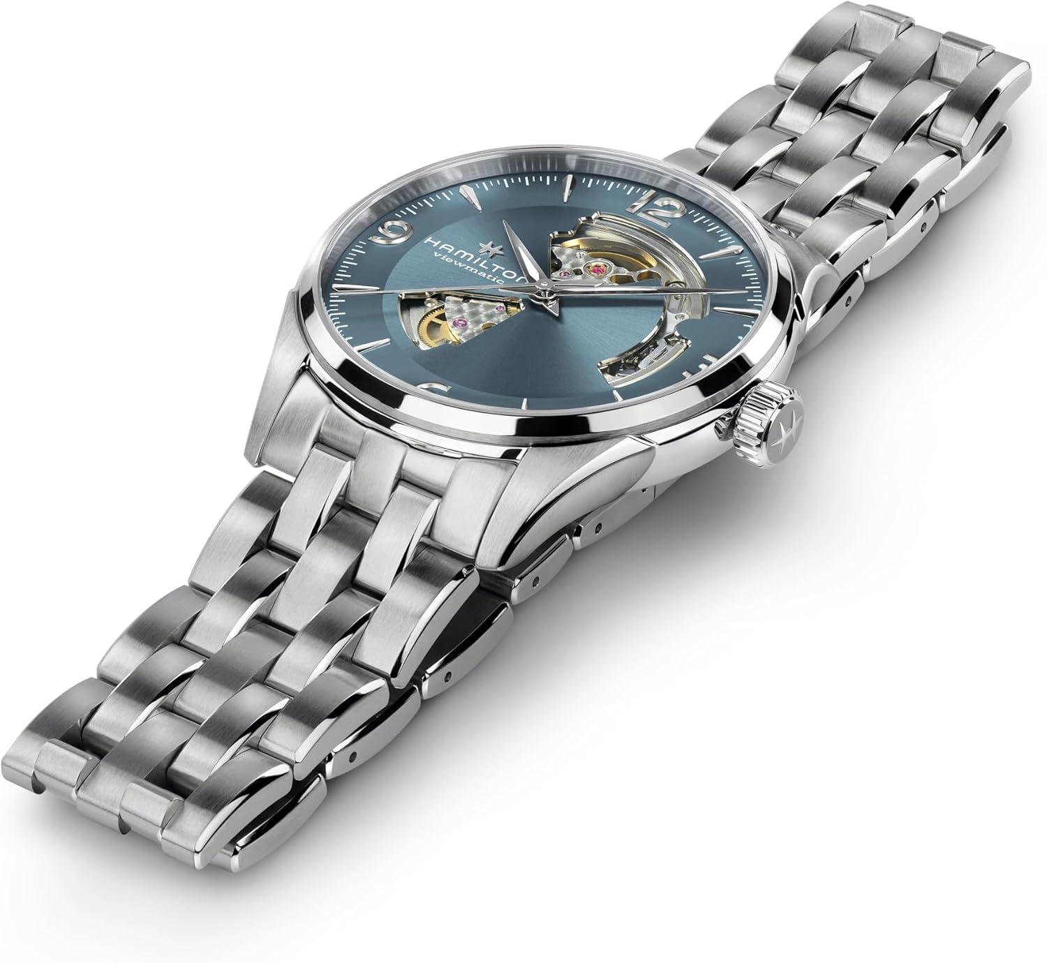 imageHamilton Jazzmaster Open Heart Automatic Mens Watch 42mm Stainless Steel Case Swiss Made Blue Dial Analog Wrist Watch 50m Waterproof Sapphire Crystal 3Hand Movement Stainless Steel Strap