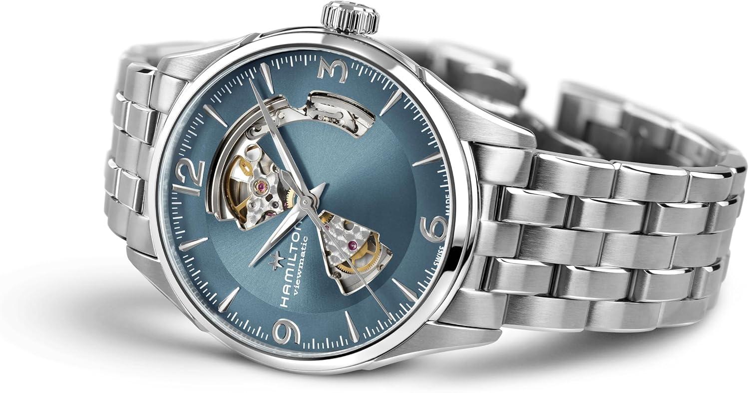 imageHamilton Jazzmaster Open Heart Automatic Mens Watch 42mm Stainless Steel Case Swiss Made Blue Dial Analog Wrist Watch 50m Waterproof Sapphire Crystal 3Hand Movement Stainless Steel Strap