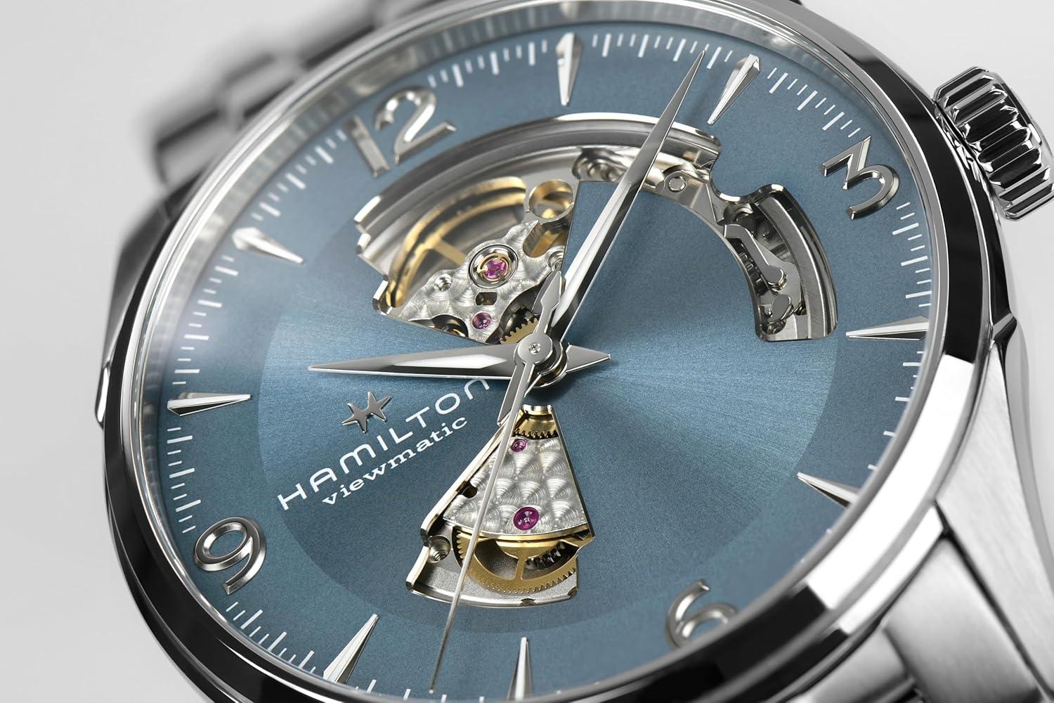 imageHamilton Jazzmaster Open Heart Automatic Mens Watch 42mm Stainless Steel Case Swiss Made Blue Dial Analog Wrist Watch 50m Waterproof Sapphire Crystal 3Hand Movement Stainless Steel Strap