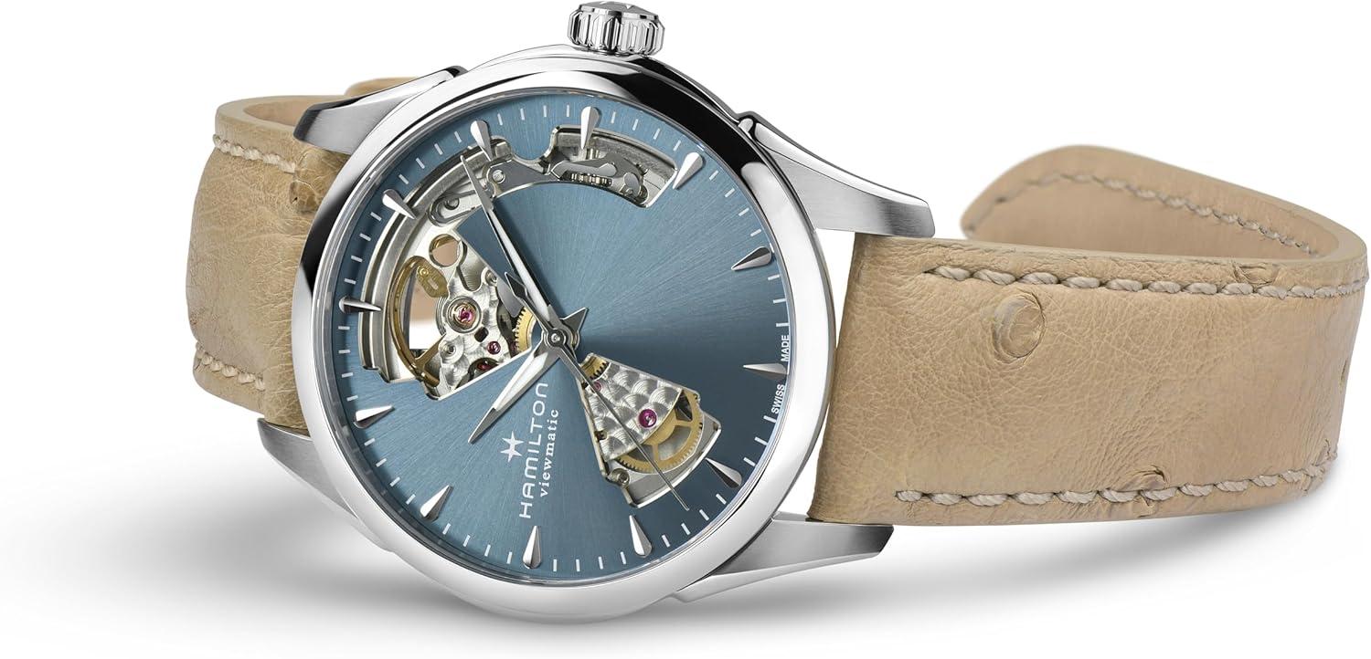 imageHamilton Jazzmaster Open Heart Automatic Womens Watch 36mm Stainless Steel Case Swiss Made Blue Dial Analog Wrist Watch for Women 50m Waterproof Sapphire Crystal Cow Leather Strap