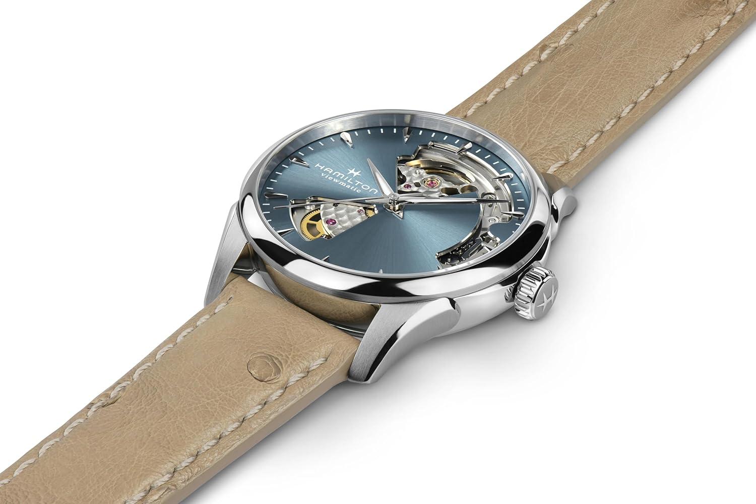 imageHamilton Jazzmaster Open Heart Automatic Womens Watch 36mm Stainless Steel Case Swiss Made Blue Dial Analog Wrist Watch for Women 50m Waterproof Sapphire Crystal Cow Leather Strap