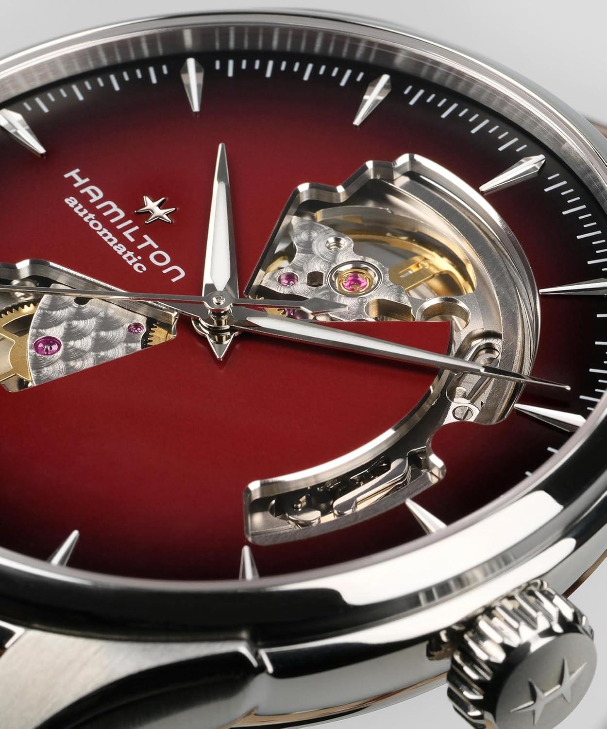 imageHamilton Jazzmaster Performer Automatic Mens Watch 40mm Stainless Steel Case Swiss Made Burgundy Dial Analog Wrist Watch 50m Waterproof Sapphire Crystal 3Hand Movement Calf Leather Strap