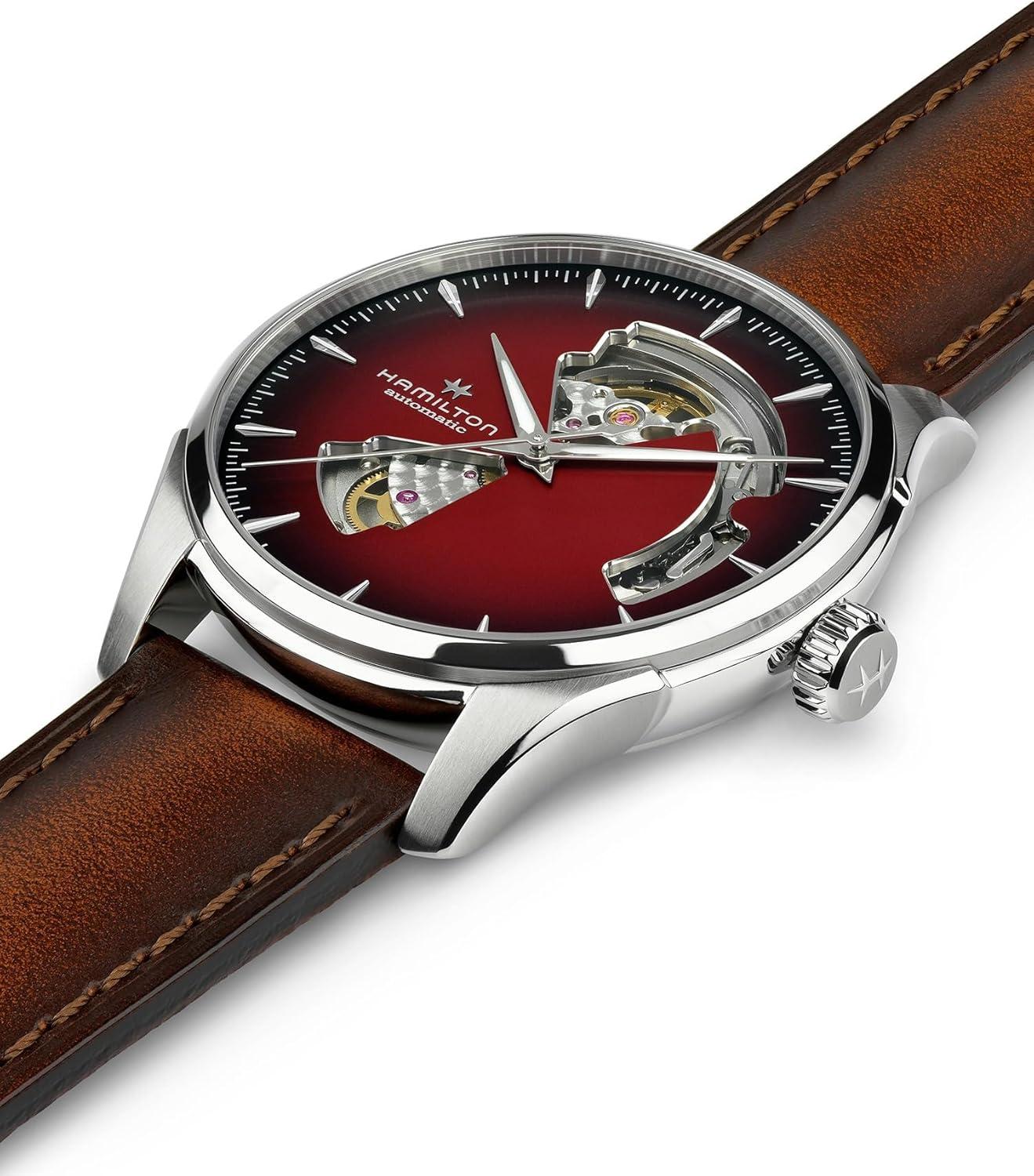 imageHamilton Jazzmaster Performer Automatic Mens Watch 40mm Stainless Steel Case Swiss Made Burgundy Dial Analog Wrist Watch 50m Waterproof Sapphire Crystal 3Hand Movement Calf Leather Strap