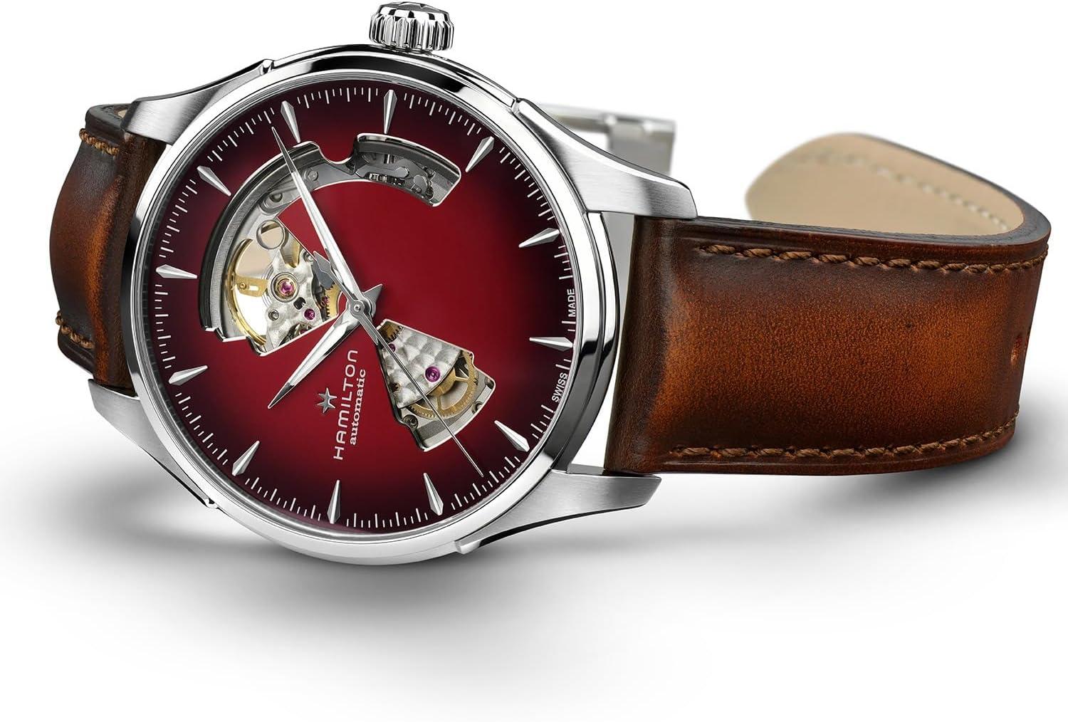 imageHamilton Jazzmaster Performer Automatic Mens Watch 40mm Stainless Steel Case Swiss Made Burgundy Dial Analog Wrist Watch 50m Waterproof Sapphire Crystal 3Hand Movement Calf Leather Strap