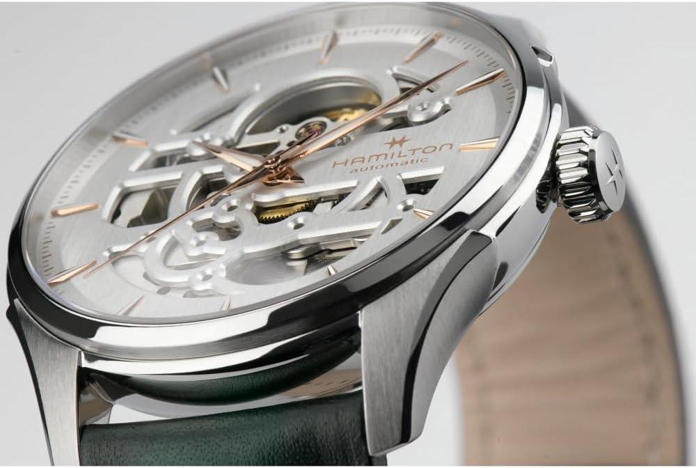imageHamilton Jazzmaster Skeleton Automatic Mens Watch 40mm Stainless Steel Case Swiss Made White Dial Analog Wrist Watch for Men 50m Waterproof Sapphire Crystal 3Hand Movement Cow Leather Strap