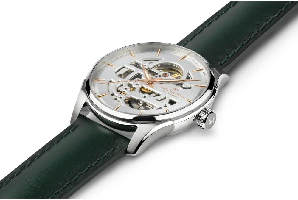 imageHamilton Jazzmaster Skeleton Automatic Mens Watch 40mm Stainless Steel Case Swiss Made White Dial Analog Wrist Watch for Men 50m Waterproof Sapphire Crystal 3Hand Movement Cow Leather Strap