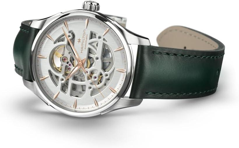imageHamilton Jazzmaster Skeleton Automatic Mens Watch 40mm Stainless Steel Case Swiss Made White Dial Analog Wrist Watch for Men 50m Waterproof Sapphire Crystal 3Hand Movement Cow Leather Strap