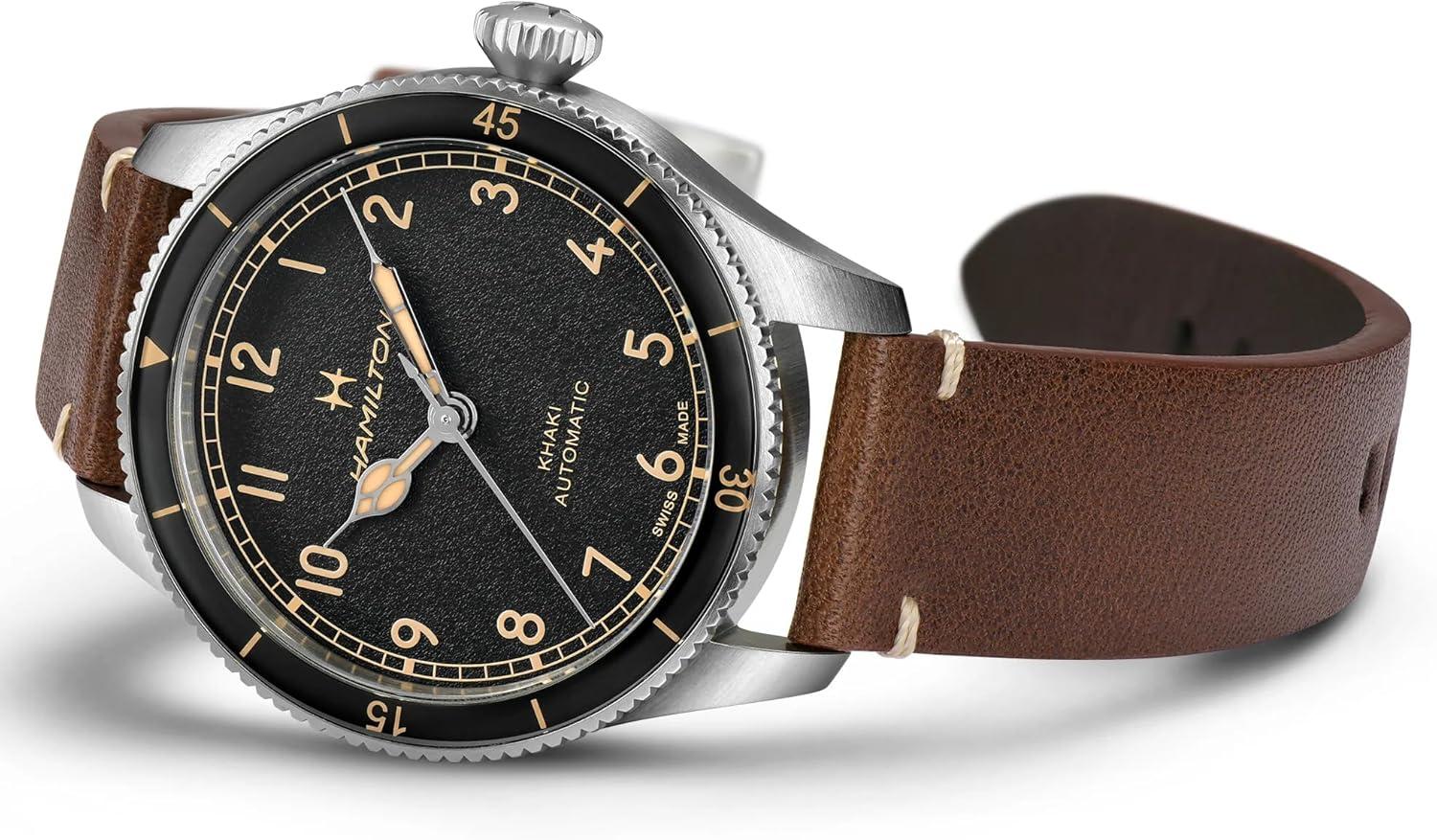 imageHamilton Khaki Aviation Automatic Mens Watch 38mm Stainless Steel Case Swiss Made Black Dial Analog Wrist Watch for Men 100m Waterproof Sapphire Crystal 3Hand Movement Cow Leather Strap