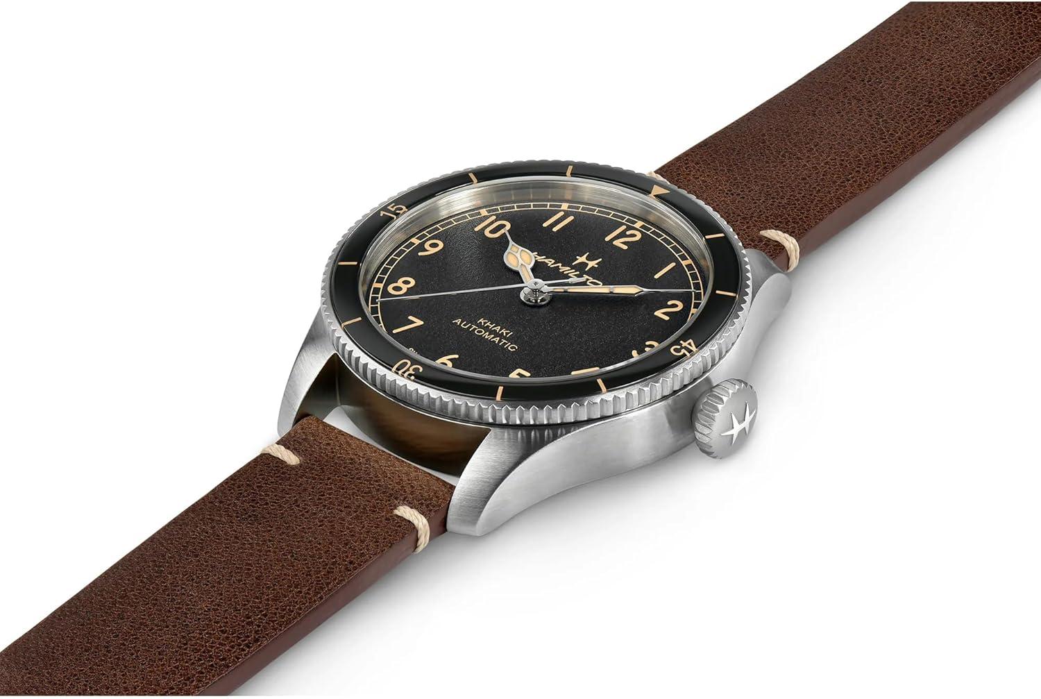 imageHamilton Khaki Aviation Automatic Mens Watch 38mm Stainless Steel Case Swiss Made Black Dial Analog Wrist Watch for Men 100m Waterproof Sapphire Crystal 3Hand Movement Cow Leather Strap