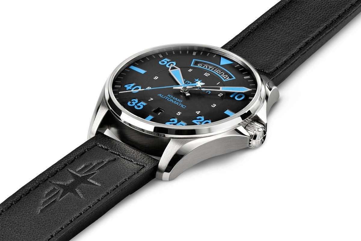 imageHamilton Khaki Aviation Automatic Mens Watch 42mm Stainless Steel Case Swiss Made Black Dial Analog Wrist Watch for Men 100m Waterproof Sapphire Crystal Cow Leather Strap