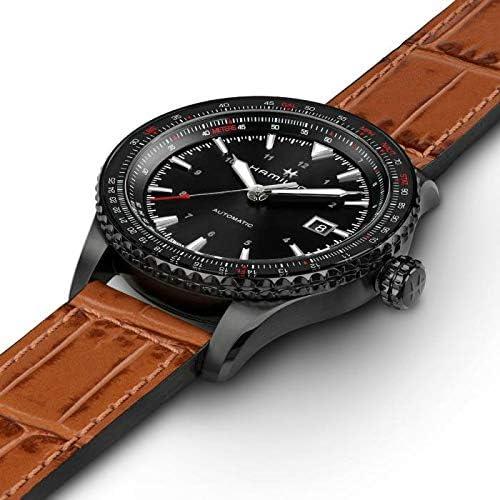 imageHamilton Khaki Aviation Automatic Mens Watch 42mm Stainless Steel Case Swiss Made Black Dial Analog Wrist Watch for Men 100m Waterproof Sapphire Crystal 3Hand Movement Calf Leather Strap