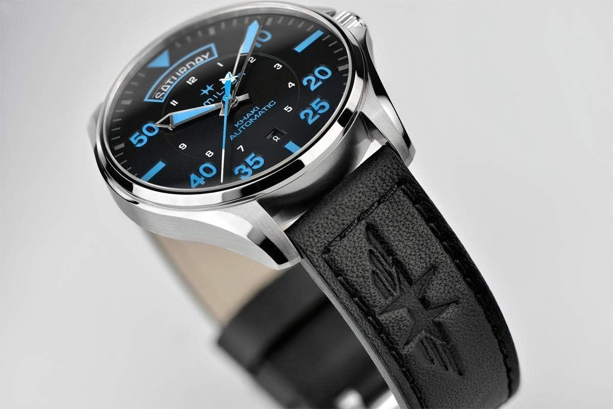 imageHamilton Khaki Aviation Automatic Mens Watch 42mm Stainless Steel Case Swiss Made Black Dial Analog Wrist Watch for Men 100m Waterproof Sapphire Crystal Cow Leather Strap