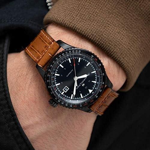 imageHamilton Khaki Aviation Automatic Mens Watch 42mm Stainless Steel Case Swiss Made Black Dial Analog Wrist Watch for Men 100m Waterproof Sapphire Crystal 3Hand Movement Calf Leather Strap