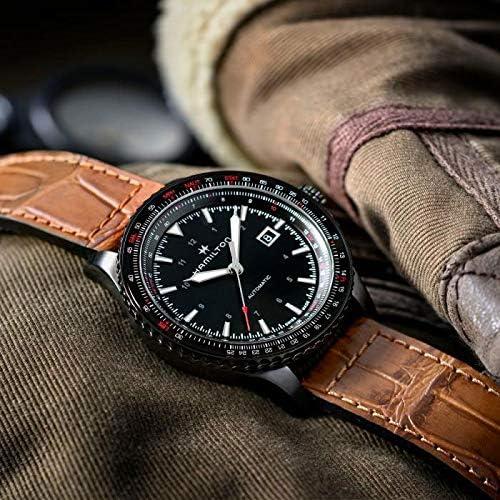 imageHamilton Khaki Aviation Automatic Mens Watch 42mm Stainless Steel Case Swiss Made Black Dial Analog Wrist Watch for Men 100m Waterproof Sapphire Crystal 3Hand Movement Calf Leather Strap