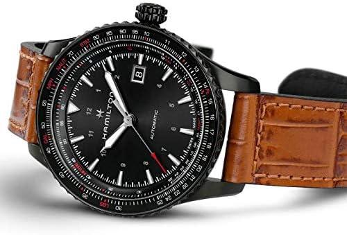 imageHamilton Khaki Aviation Automatic Mens Watch 42mm Stainless Steel Case Swiss Made Black Dial Analog Wrist Watch for Men 100m Waterproof Sapphire Crystal 3Hand Movement Calf Leather Strap