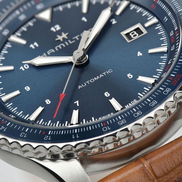 imageHamilton Khaki Aviation Automatic Mens Watch 42mm Stainless Steel Case Swiss Made Blue Dial Analog Wrist Watch for Men 100m Waterproof Sapphire Crystal 3Hand Movement Cow Leather Strap