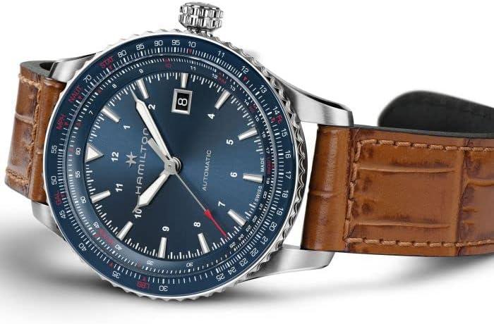 imageHamilton Khaki Aviation Automatic Mens Watch 42mm Stainless Steel Case Swiss Made Blue Dial Analog Wrist Watch for Men 100m Waterproof Sapphire Crystal 3Hand Movement Cow Leather Strap
