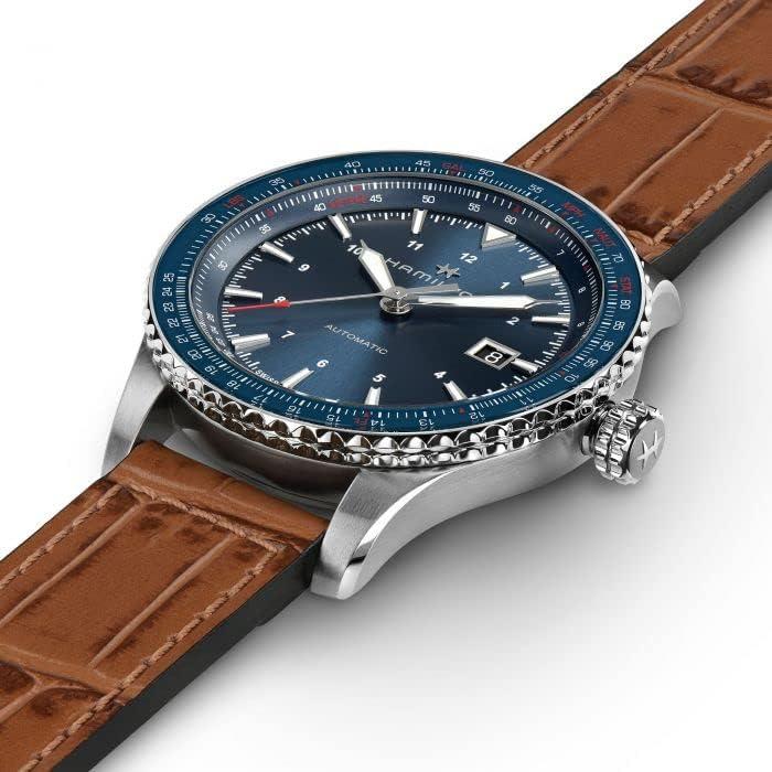 imageHamilton Khaki Aviation Automatic Mens Watch 42mm Stainless Steel Case Swiss Made Blue Dial Analog Wrist Watch for Men 100m Waterproof Sapphire Crystal 3Hand Movement Cow Leather Strap
