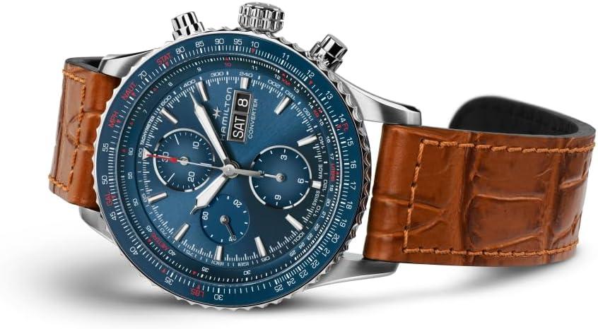 imageHamilton Khaki Aviation Automatic Mens Watch 44mm Stainless Steel Case Swiss Made Blue Dial Analog Wrist Watch for Men 100m Waterproof Sapphire Crystal Cow Leather Strap