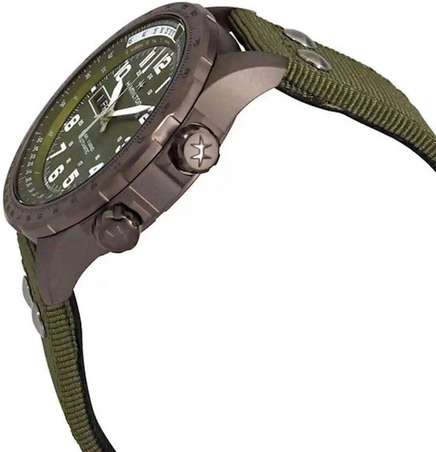 imageHamilton Khaki Aviation Automatic Mens Watch 45mm Stainless Steel Case Swiss Made Green Dial Analog Wrist Watch for Men 100m Waterproof Sapphire Crystal 3Hand Movement Textile Strap