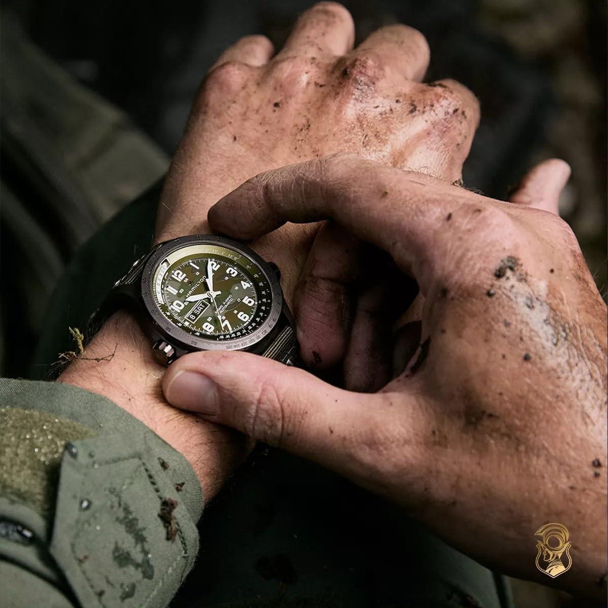 imageHamilton Khaki Aviation Automatic Mens Watch 45mm Stainless Steel Case Swiss Made Green Dial Analog Wrist Watch for Men 100m Waterproof Sapphire Crystal 3Hand Movement Textile Strap