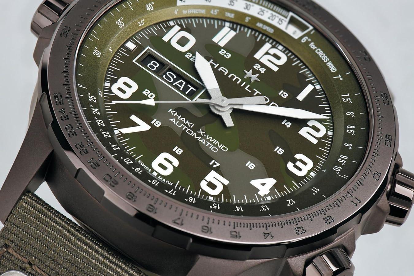 imageHamilton Khaki Aviation Automatic Mens Watch 45mm Stainless Steel Case Swiss Made Green Dial Analog Wrist Watch for Men 100m Waterproof Sapphire Crystal 3Hand Movement Textile Strap