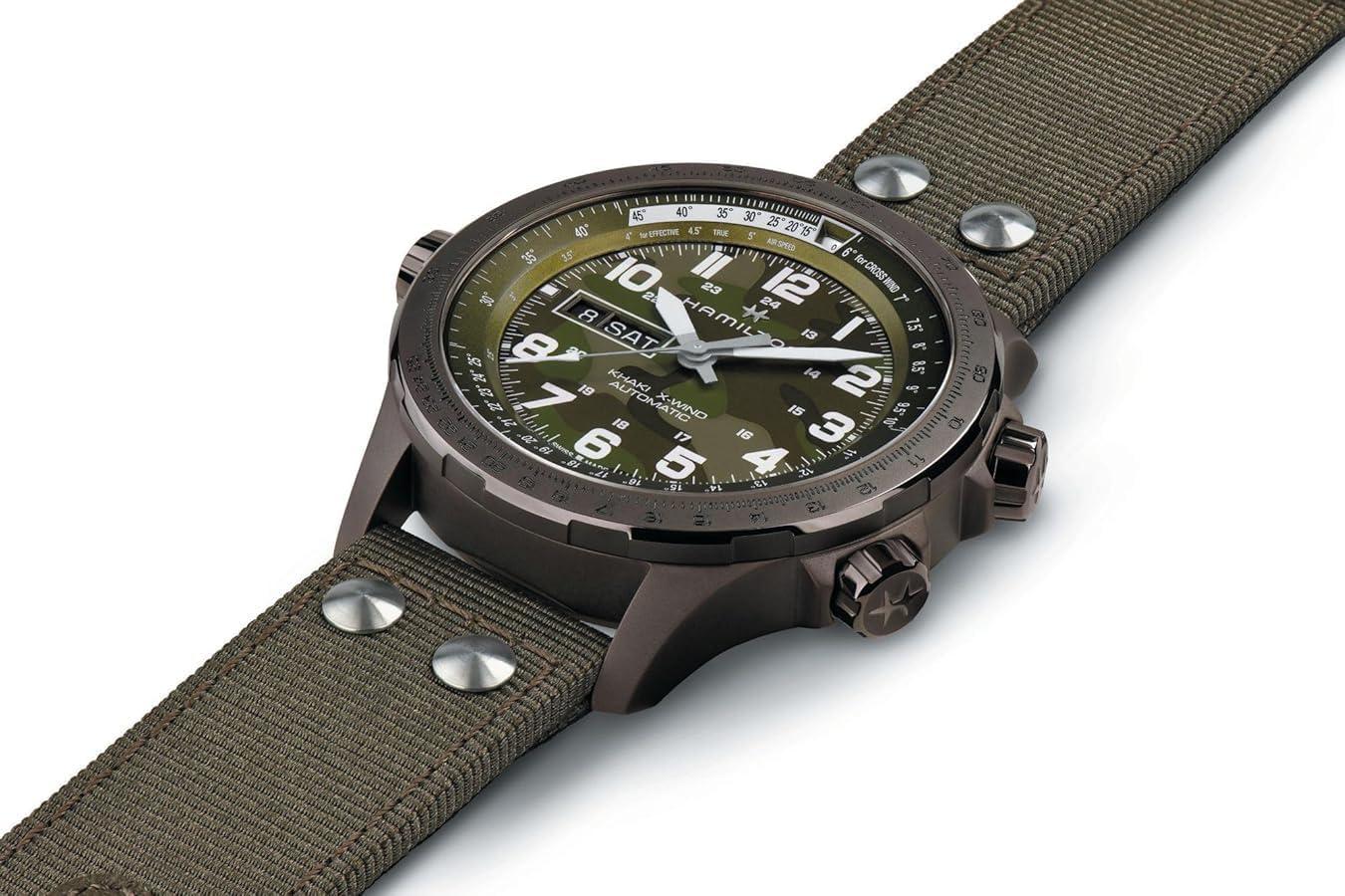 imageHamilton Khaki Aviation Automatic Mens Watch 45mm Stainless Steel Case Swiss Made Green Dial Analog Wrist Watch for Men 100m Waterproof Sapphire Crystal 3Hand Movement Textile Strap