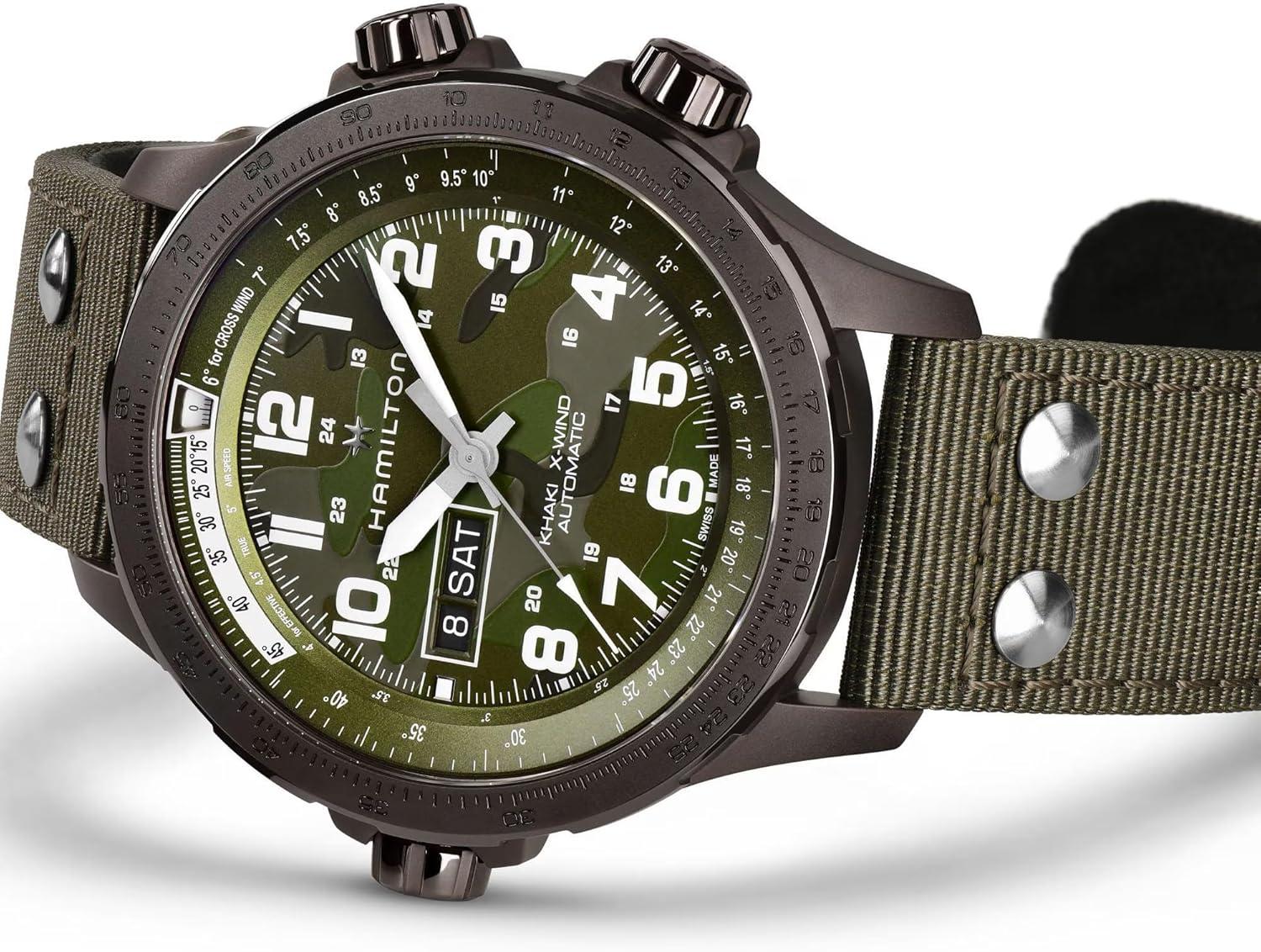 imageHamilton Khaki Aviation Automatic Mens Watch 45mm Stainless Steel Case Swiss Made Green Dial Analog Wrist Watch for Men 100m Waterproof Sapphire Crystal 3Hand Movement Textile Strap