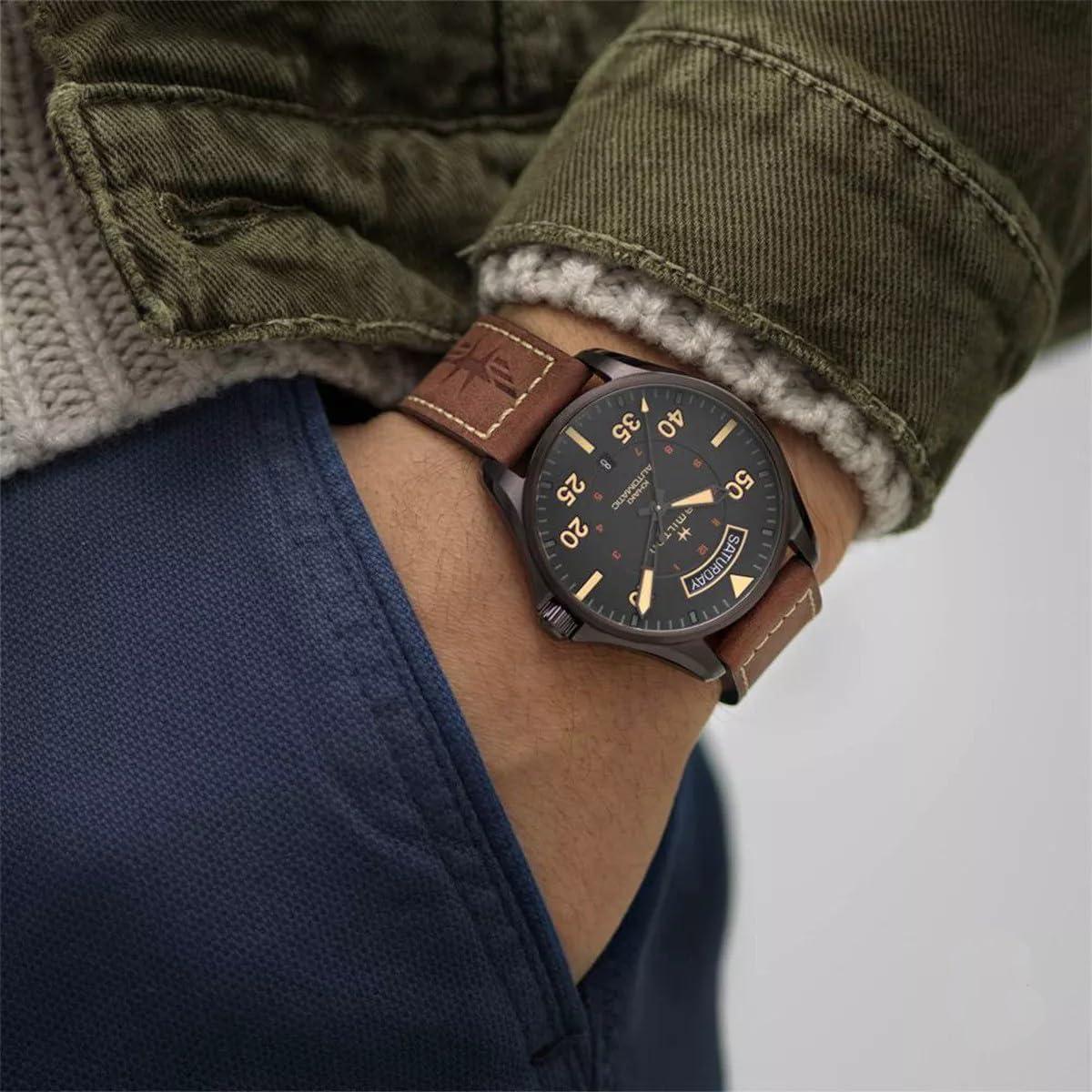 imageHamilton Khaki Aviation Automatic Mens Watch 46mm Stainless Steel Case Swiss Made Black Dial Analog Wrist Watch for Men 200m Waterproof Sapphire Crystal 3Hand Movement Cow Leather Strap