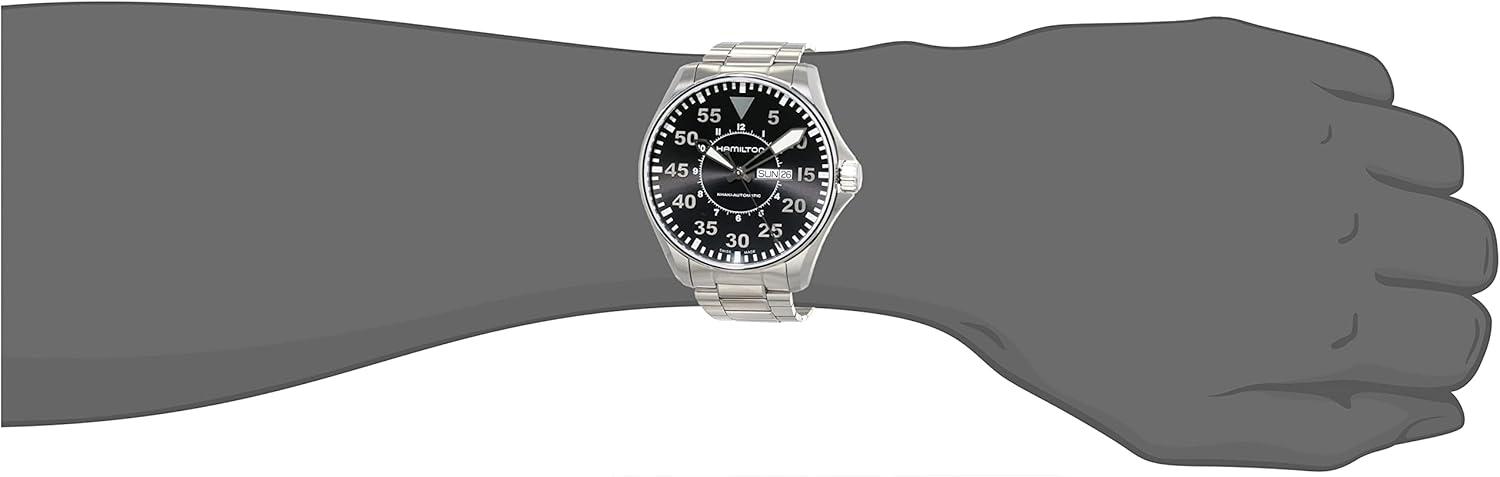 imageHamilton Khaki Aviation Automatic Mens Watch 46mm Stainless Steel Case Swiss Made Black Dial Analog Wrist Watch for Men 200m Waterproof Sapphire Crystal 3Hand Movement Stainless Steel Strap