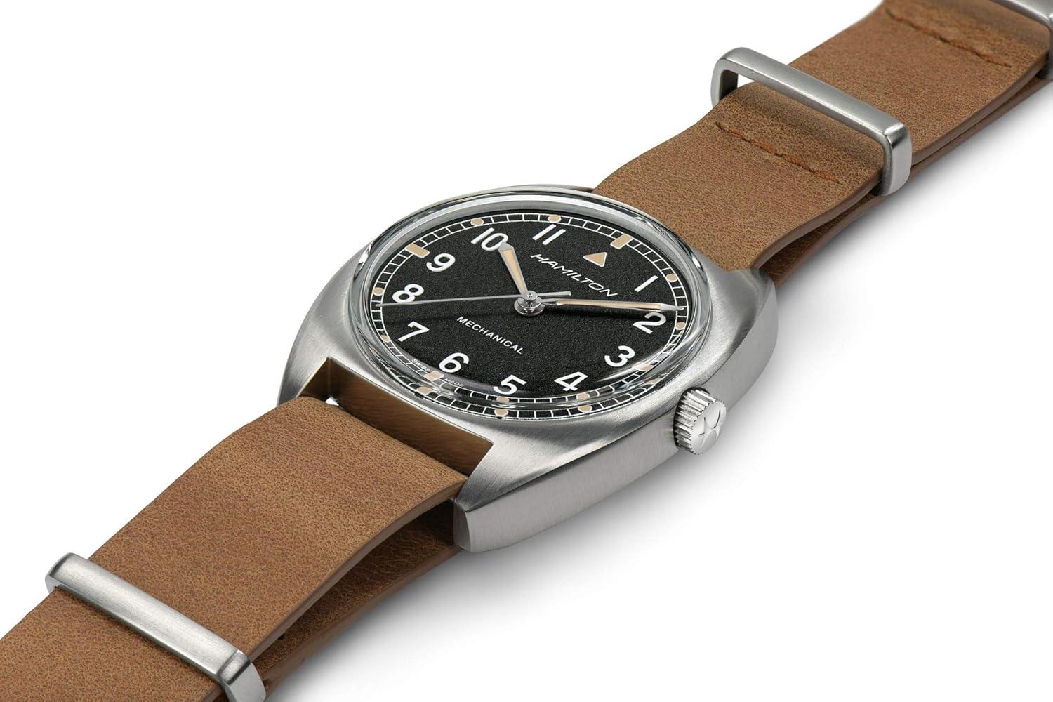 imageHamilton Khaki Aviation Pilot Mechanical Mens Watch 36mm x 33mm Stainless Steel Case Swiss Made Black Dial Analog Watch 100m Waterproof AntiReflective Mineral Crystal Cow Leather Strap