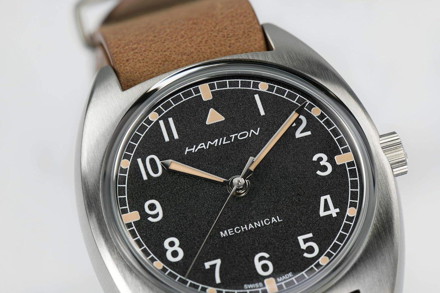 imageHamilton Khaki Aviation Pilot Mechanical Mens Watch 36mm x 33mm Stainless Steel Case Swiss Made Black Dial Analog Watch 100m Waterproof AntiReflective Mineral Crystal Cow Leather Strap