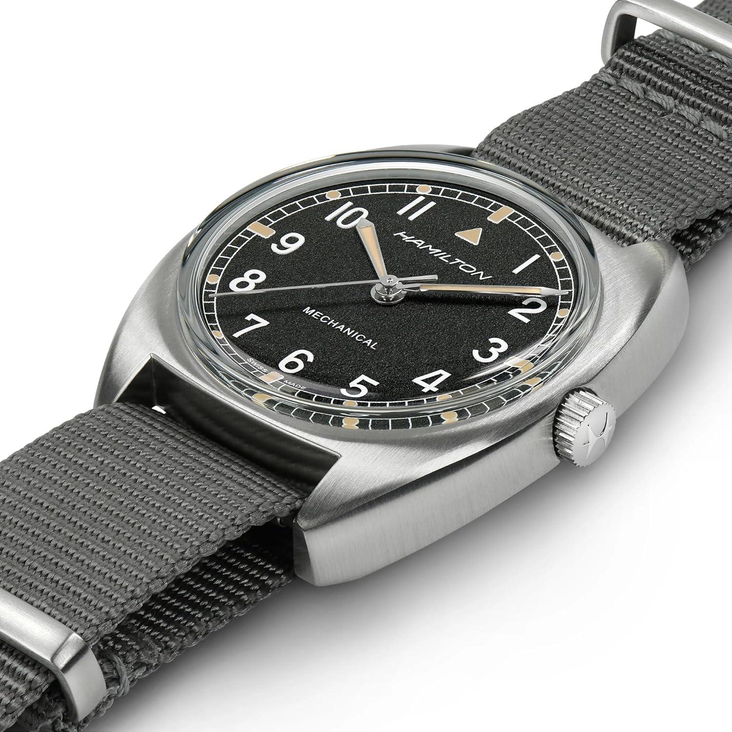 imageHamilton Khaki Aviation Pilot Mechanical Mens Watch 36mm x 33mm Stainless Steel Case Swiss Made Black Dial Analog Wrist Watch for Men 100m Waterproof Mineral Crystal Textile Strap