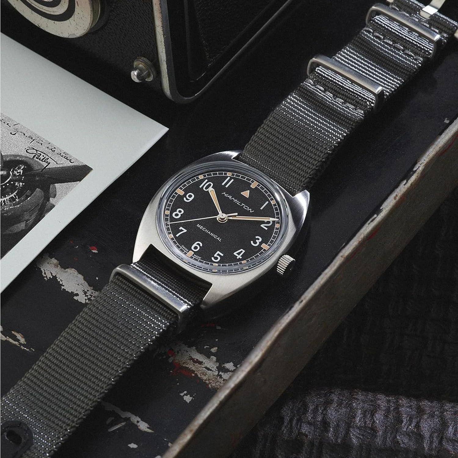 imageHamilton Khaki Aviation Pilot Mechanical Mens Watch 36mm x 33mm Stainless Steel Case Swiss Made Black Dial Analog Wrist Watch for Men 100m Waterproof Mineral Crystal Textile Strap